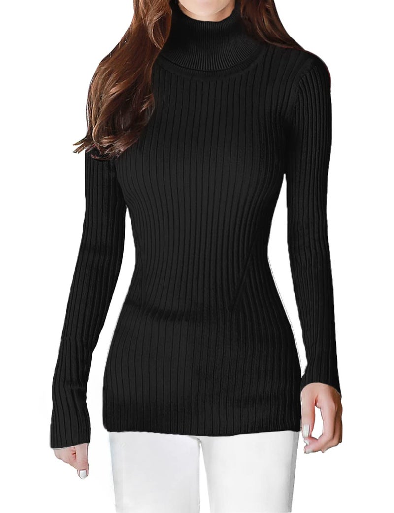 v28 Women Stretchable Turtleneck Knit Long Sleeve Slim Fit Sweater (XS,Black) - Image 1